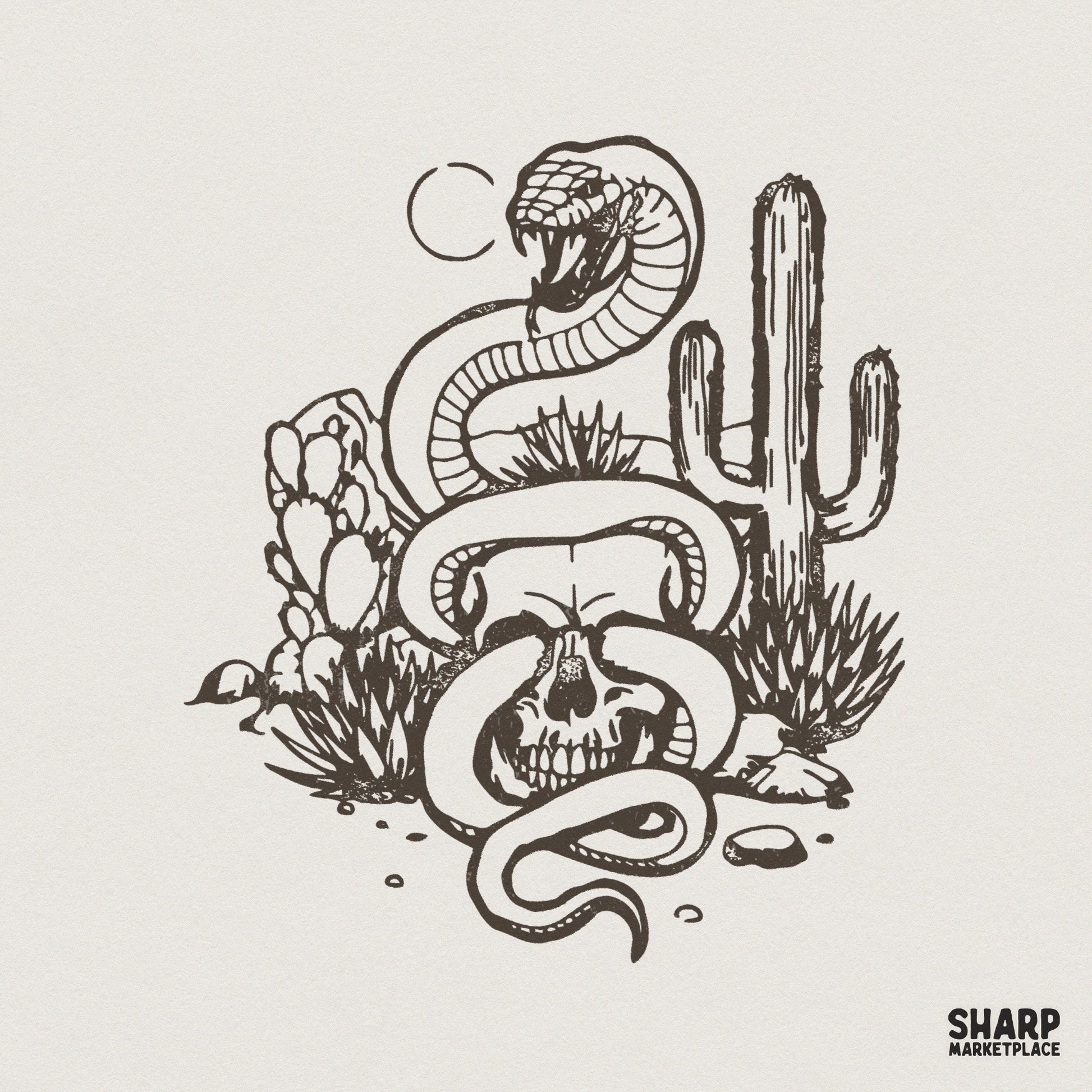 Snake Skull Cactus PNG, Gothic Western Desert Skull Design - 300 DPI