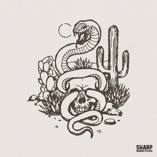 Snake Skull Cactus PNG, Gothic Western Desert Skull Design - 300 DPI