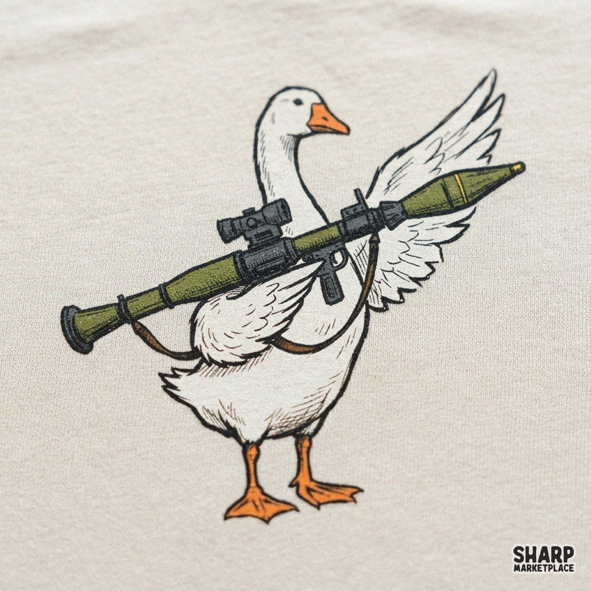 Unhinged white goose holding a green rocket launcher sublimation design, funny animal meme PNG for t-shirts