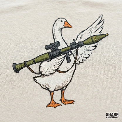 Unhinged white goose holding a green rocket launcher sublimation design, funny animal meme PNG for t-shirts
