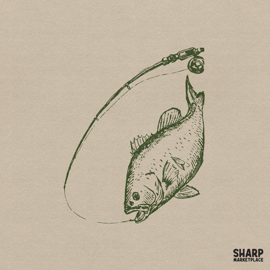 Vintage forest green line art of a hooked largemouth bass leaping toward a fishing rod, perfect for outdoor apparel and DIY fishing crafts.