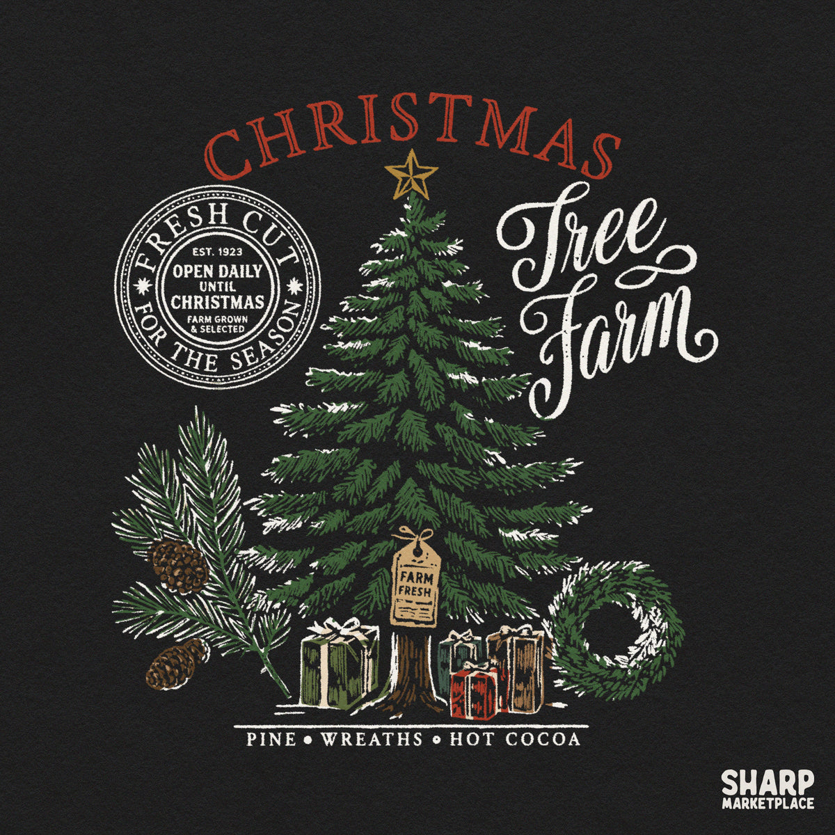 Retro winter Christmas tree farm PNG sublimation design for shirts and holiday decor