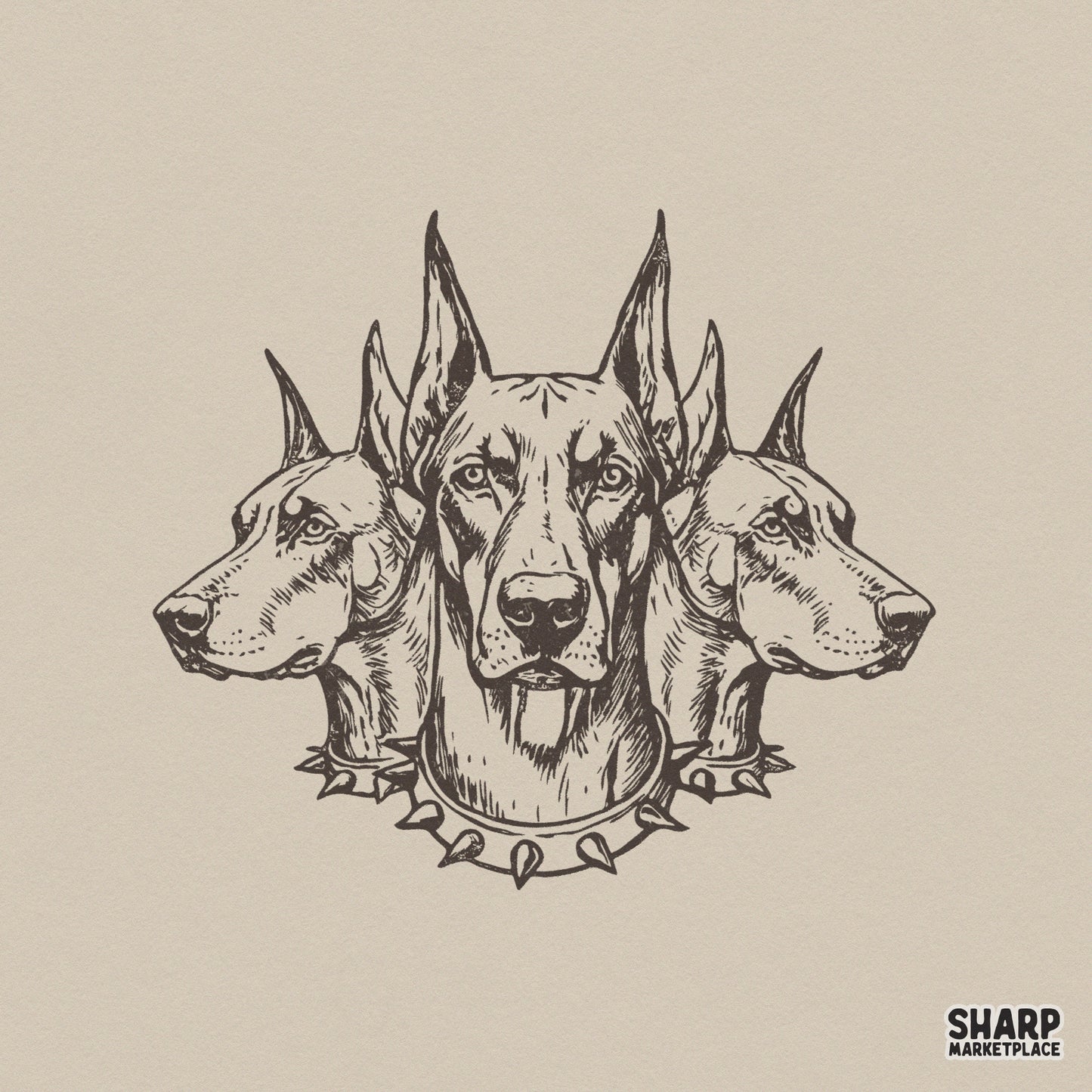 Detailed hand-drawn illustration of three Doberman heads with spiked collars in a symmetrical, vintage-style monochromatic brown ink sketch design.