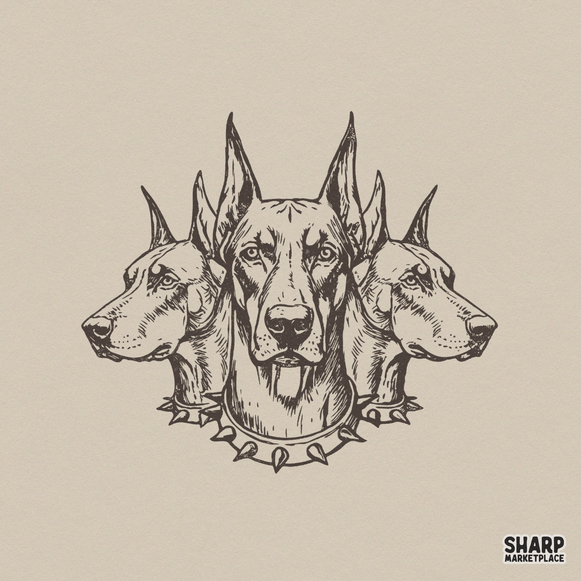 Detailed hand-drawn illustration of three Doberman heads with spiked collars in a symmetrical, vintage-style monochromatic brown ink sketch design.