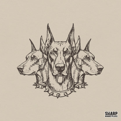 Detailed hand-drawn illustration of three Doberman heads with spiked collars in a symmetrical, vintage-style monochromatic brown ink sketch design.