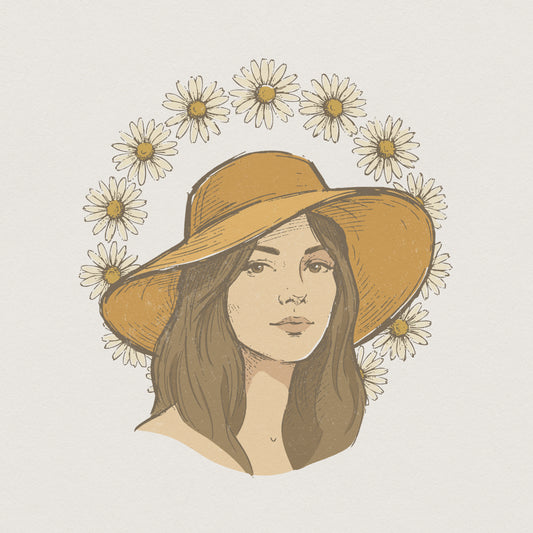 Vintage boho illustration of a woman in a wide-brimmed mustard hat surrounded by a circle of daisies, perfect for sublimation shirts and stickers.