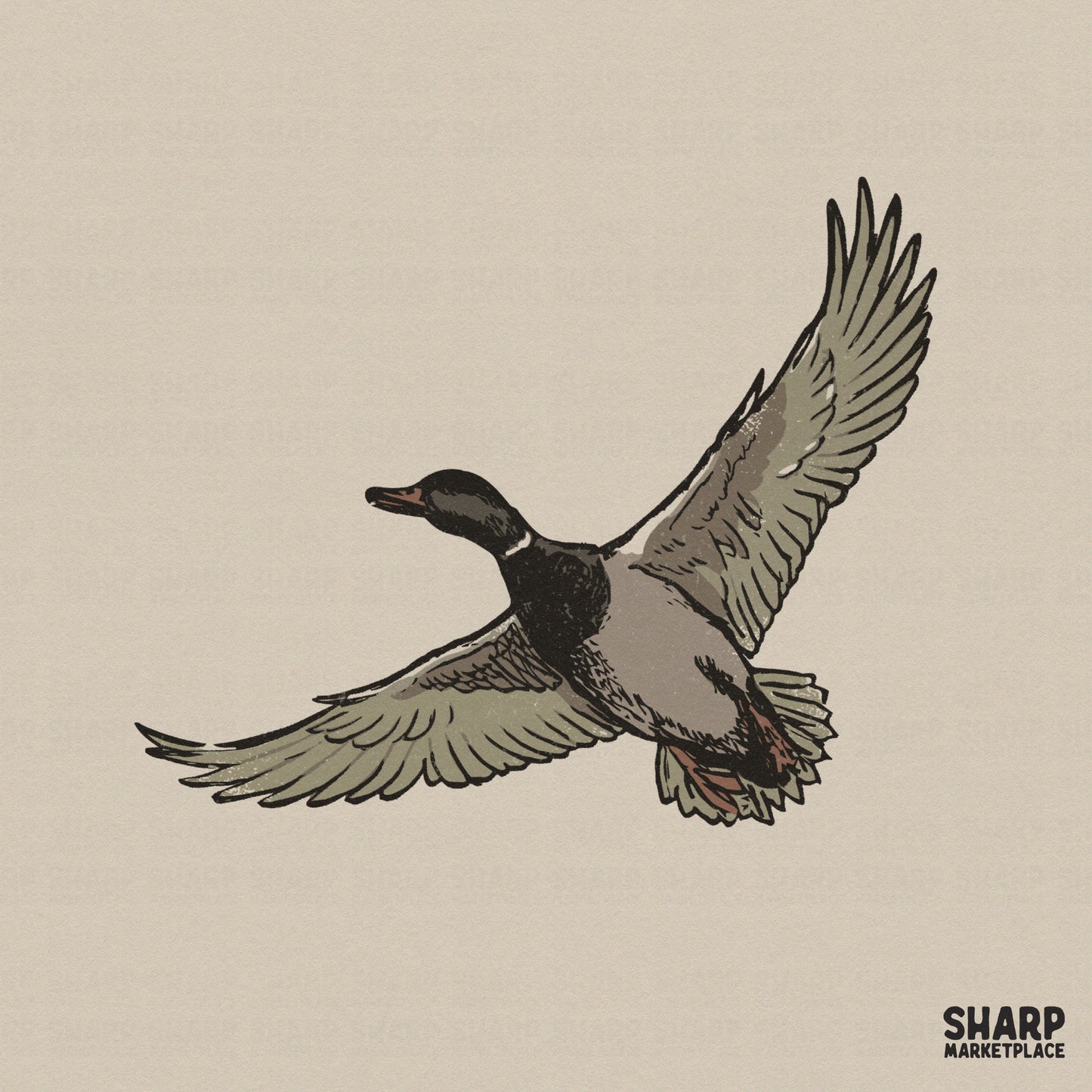 Vintage woodcut style mallard duck in flight with wings spread, featuring earthy brown and green tones for hunting or outdoor apparel designs.
