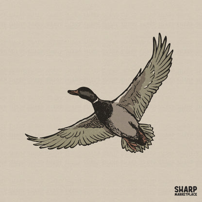 Vintage woodcut style mallard duck in flight with wings spread, featuring earthy brown and green tones for hunting or outdoor apparel designs.