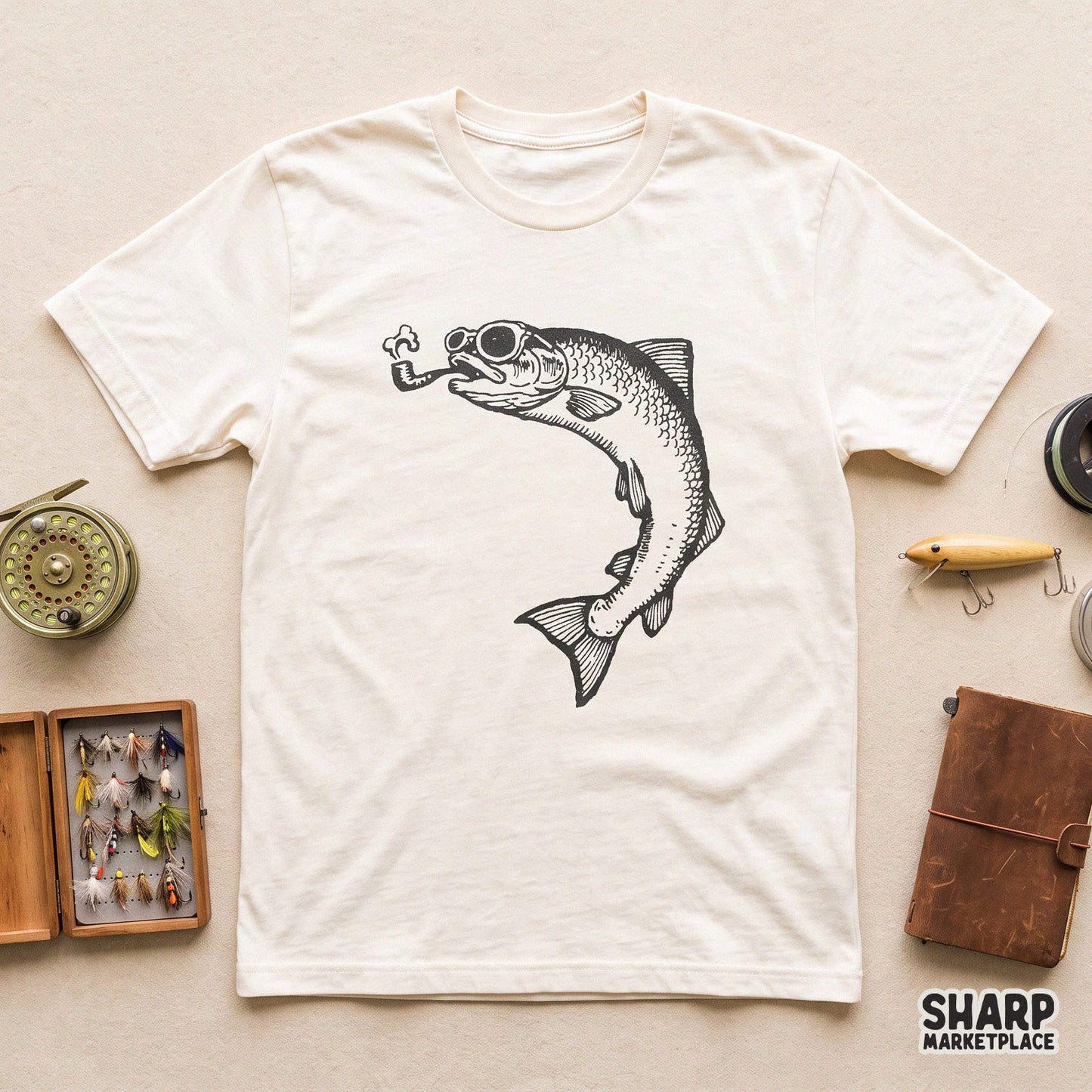 Retro vintage fish smoking a pipe and wearing sunglasses funny sarcastic fishing sublimation design for t-shirts and stickers