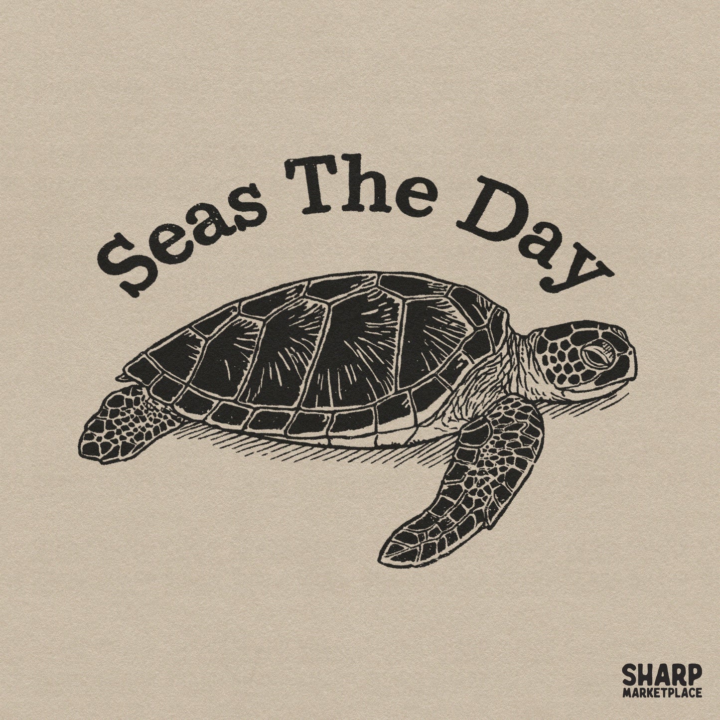 Seas The Day funny sea turtle pun PNG for summer beach stickers and coastal sublimation apparel designs