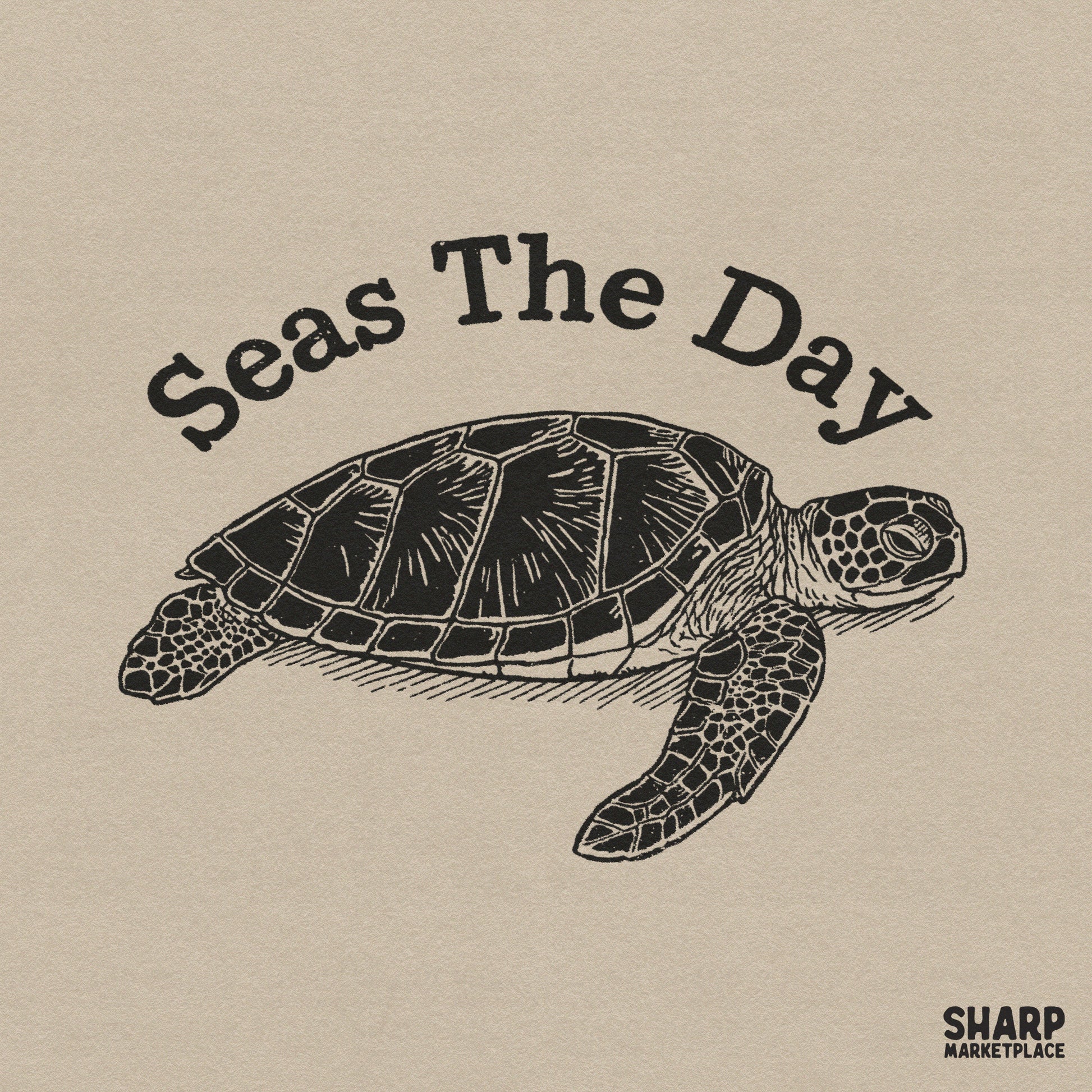 Seas The Day funny sea turtle pun PNG for summer beach stickers and coastal sublimation apparel designs
