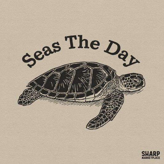Seas The Day funny sea turtle pun PNG for summer beach stickers and coastal sublimation apparel designs