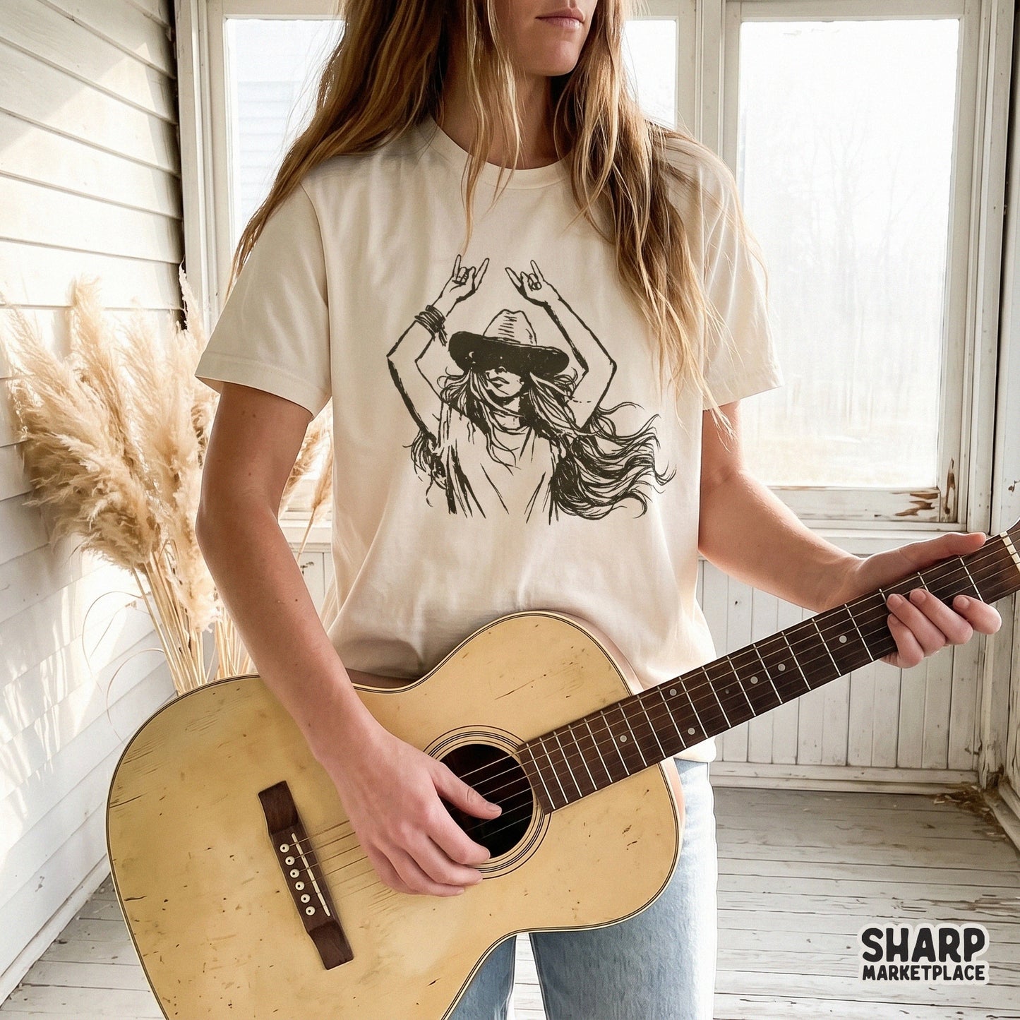 Boho western cowgirl sketch graphic featuring a woman in a cowboy hat, ideal for custom t-shirt sublimation, stickers, or trendy rodeo-themed crafts.