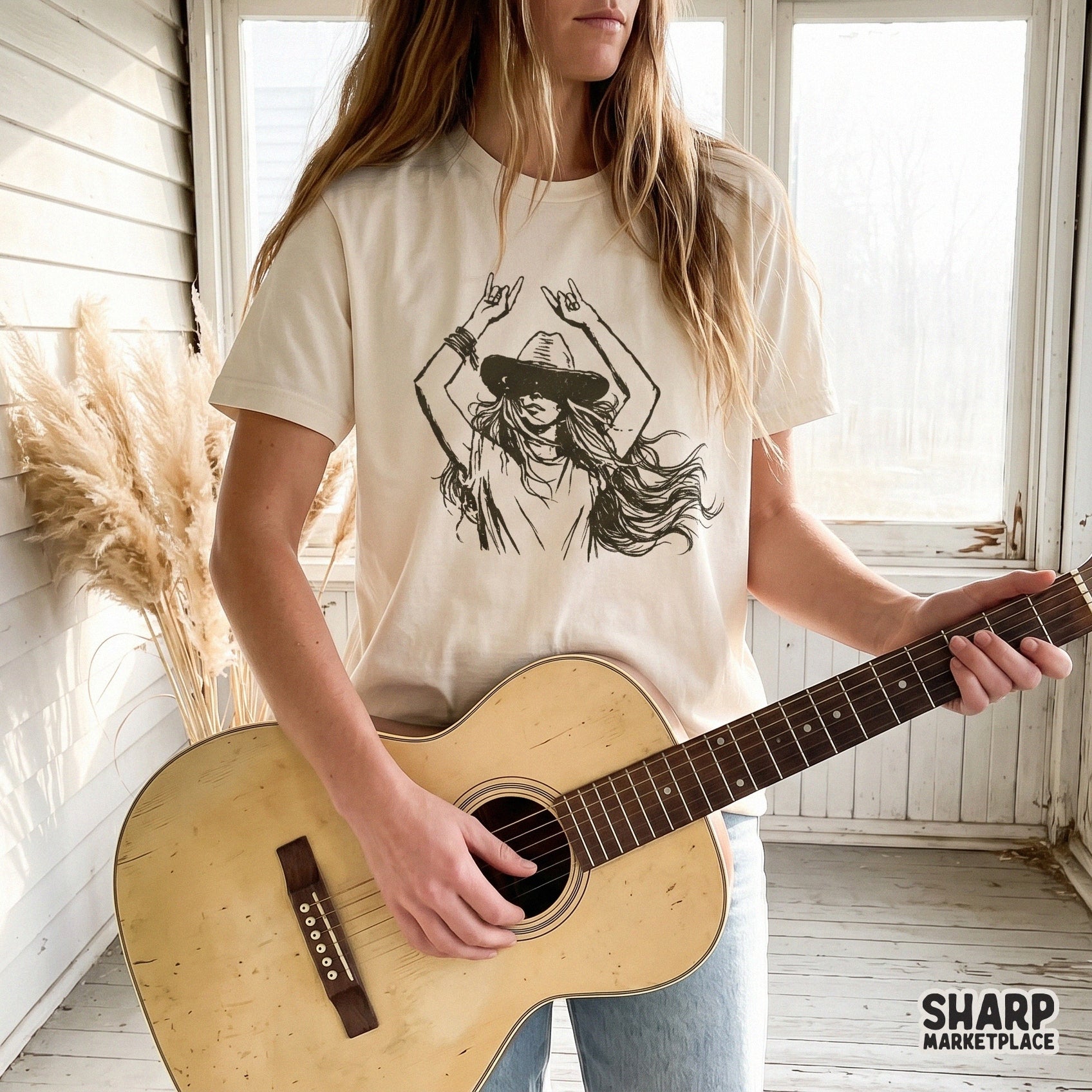 Boho western cowgirl sketch graphic featuring a woman in a cowboy hat, ideal for custom t-shirt sublimation, stickers, or trendy rodeo-themed crafts.