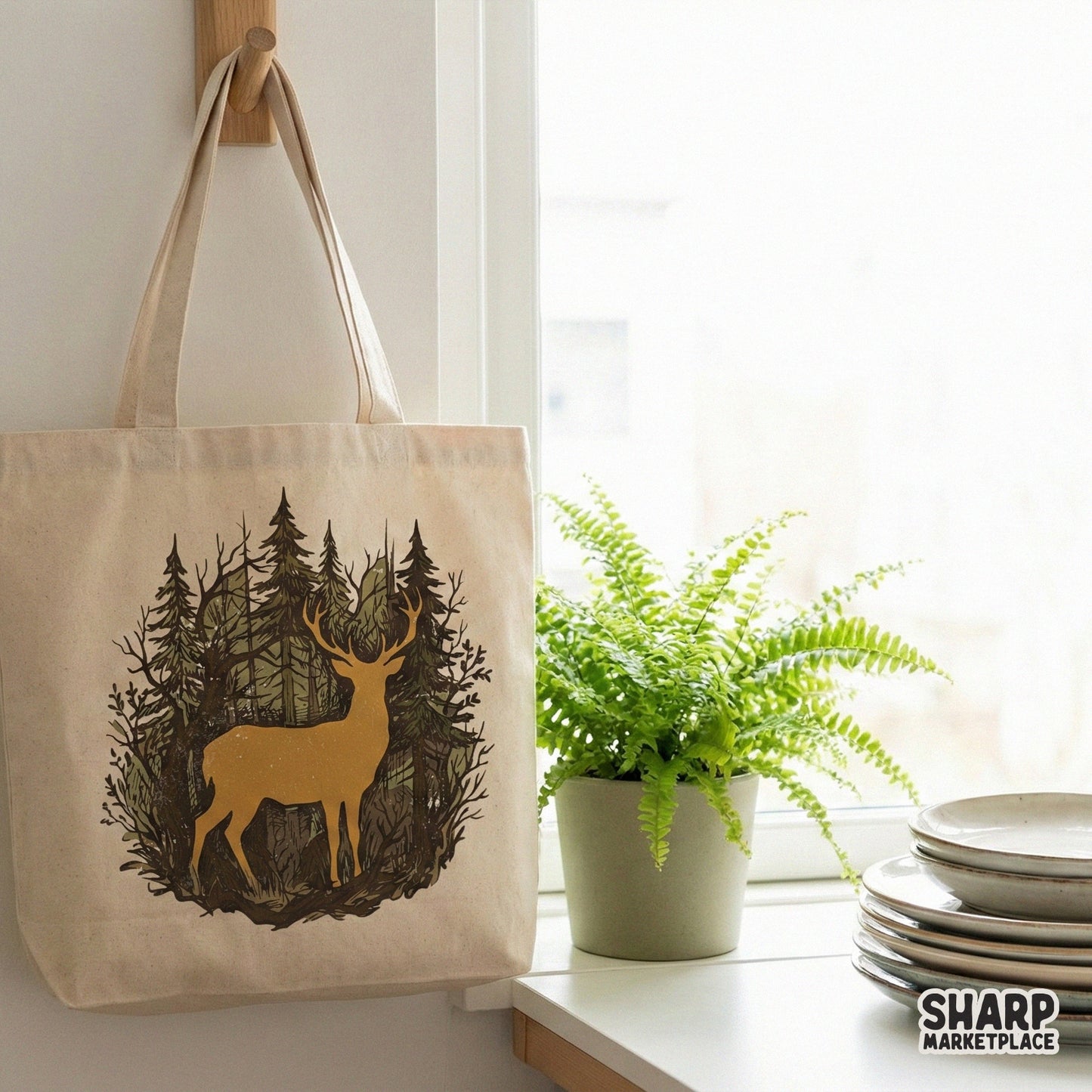 Transparent background PNG of a majestic deer in a woodland scene, showcasing intricate linework and a rustic color palette for DIY printing projects.