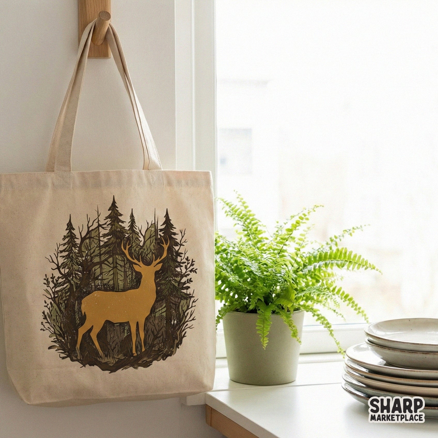 Transparent background PNG of a majestic deer in a woodland scene, showcasing intricate linework and a rustic color palette for DIY printing projects.