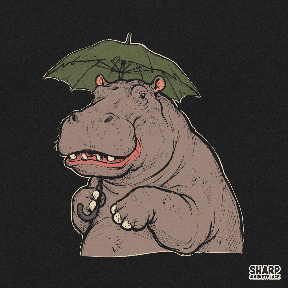 Cute smiling hippopotamus holding a green umbrella rainy day sublimation PNG design for t-shirts and craft projects