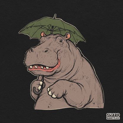 Cute smiling hippopotamus holding a green umbrella rainy day sublimation PNG design for t-shirts and craft projects