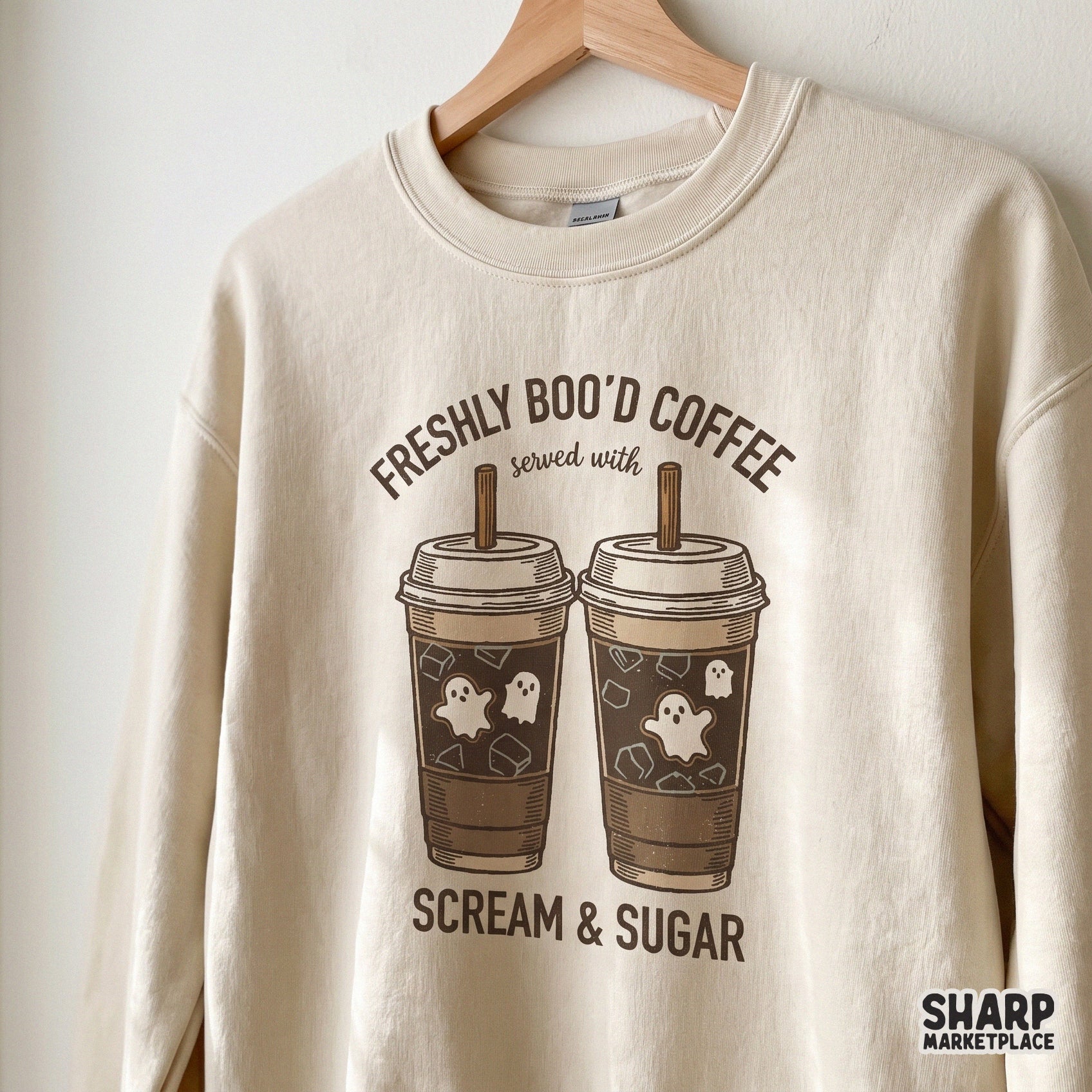 Retro spooky ghost holding an iced latte coffee with scream and sugar for Halloween sublimation tumbler wraps