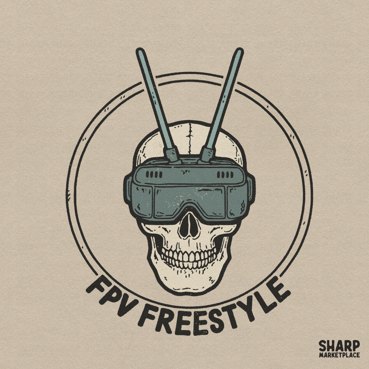 Edgy aviator skull wearing drone goggles PNG design for FPV freestyle pilot streetwear t-shirts