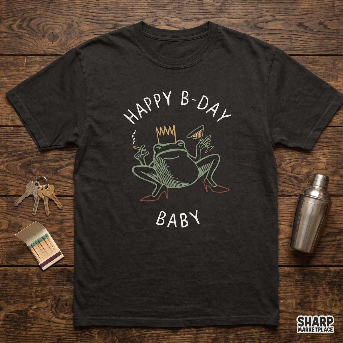 Funny retro birthday PNG design featuring a cute baby frog wearing a bikini and holding a martini glass for t-shirts