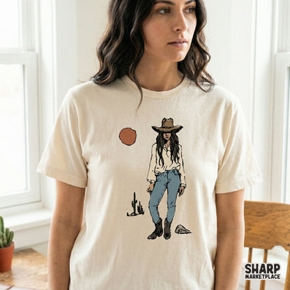 Digital western cowgirl graphic with a minimalist sun and cactus, perfect for creating custom t-shirts, stickers, or boho-inspired wall art prints.