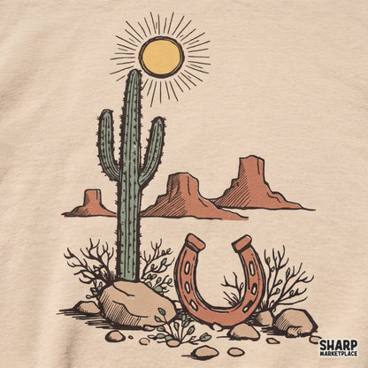 Retro desert landscape with saguaro cactus and rusty horseshoe sun for western shirt sublimation PNG