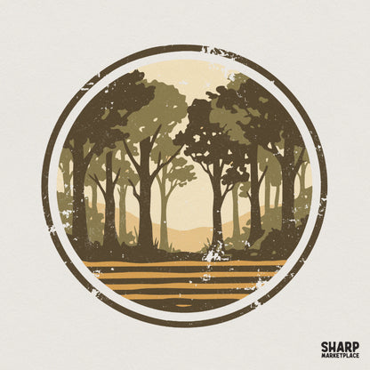 Circular vintage forest scene with distressed textures, featuring dense trees and horizontal stripes in warm earth tones for nature-themed apparel.