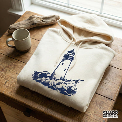 Detailed coastal lighthouse illustration in a monochromatic blue ink style, perfect for sublimation transfers, beach-themed shirts, and maritime decor.