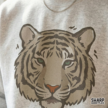 Detailed big cat face artwork with a neutral color palette, suitable for high-quality sublimation on tumblers, wall art, and custom clothing items.