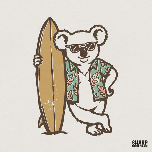 Retro Surfer Koala PNG, Beach Animal T-Shirt Design - 300 DPI Design for