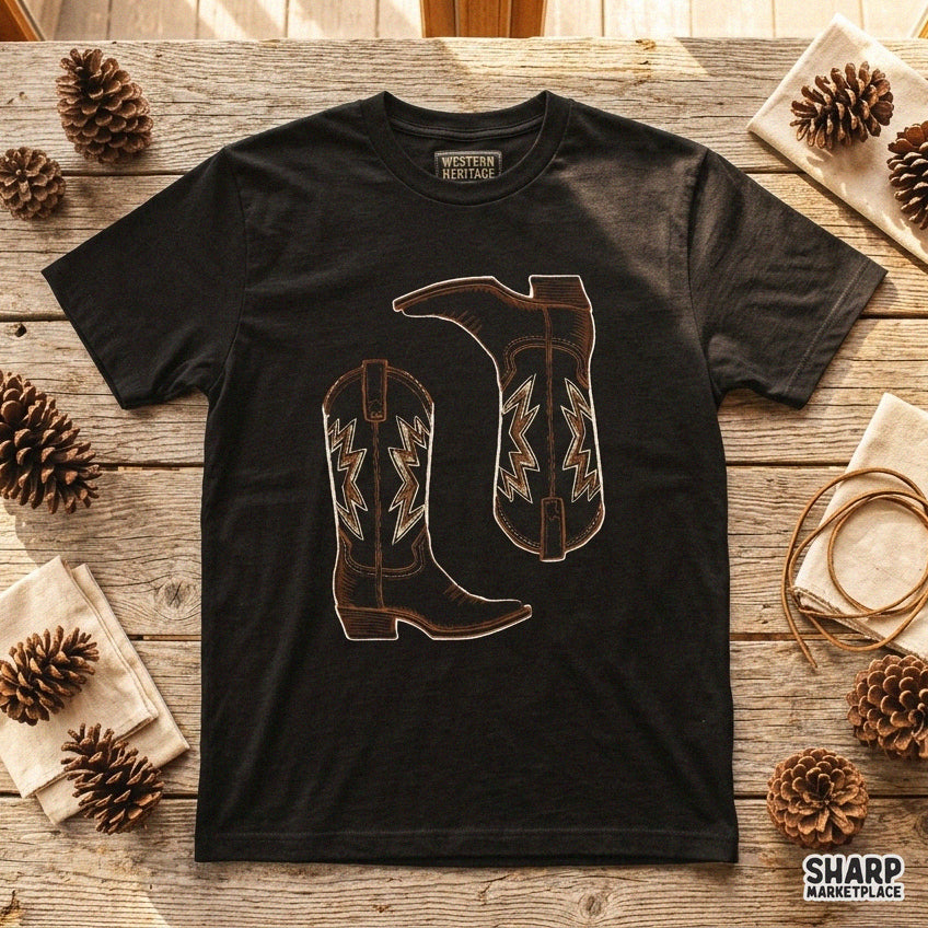 Brown leather western cowboy boots PNG with traditional stitching for retro country music shirts and apparel
