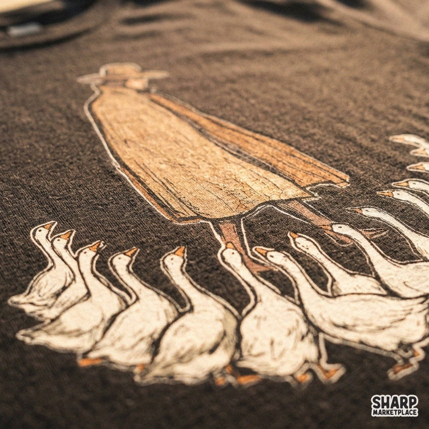 Vintage drawing of a man followed by a flock of geese, funny retro PNG design for t-shirts and apparel