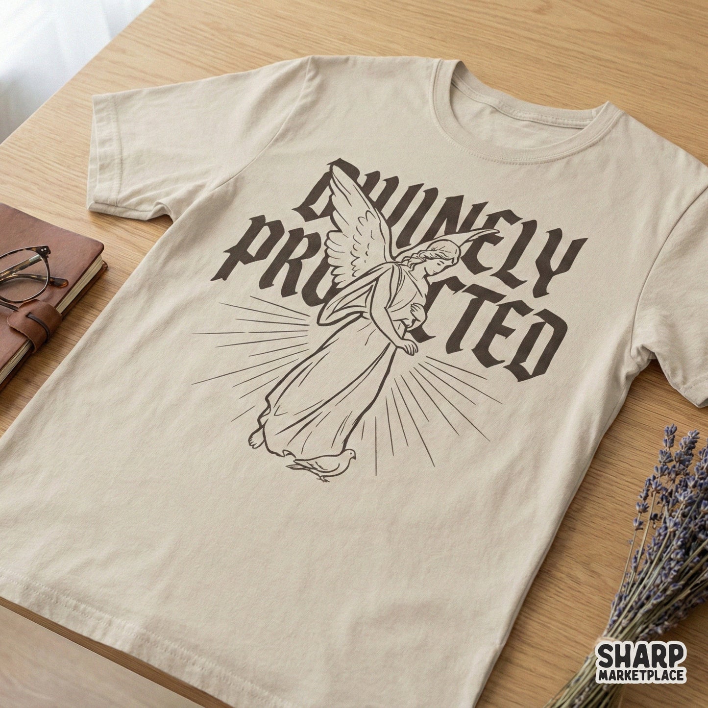 Divinely Protected PNG, Angel Line Art Shirt Design - 300 DPI Design for