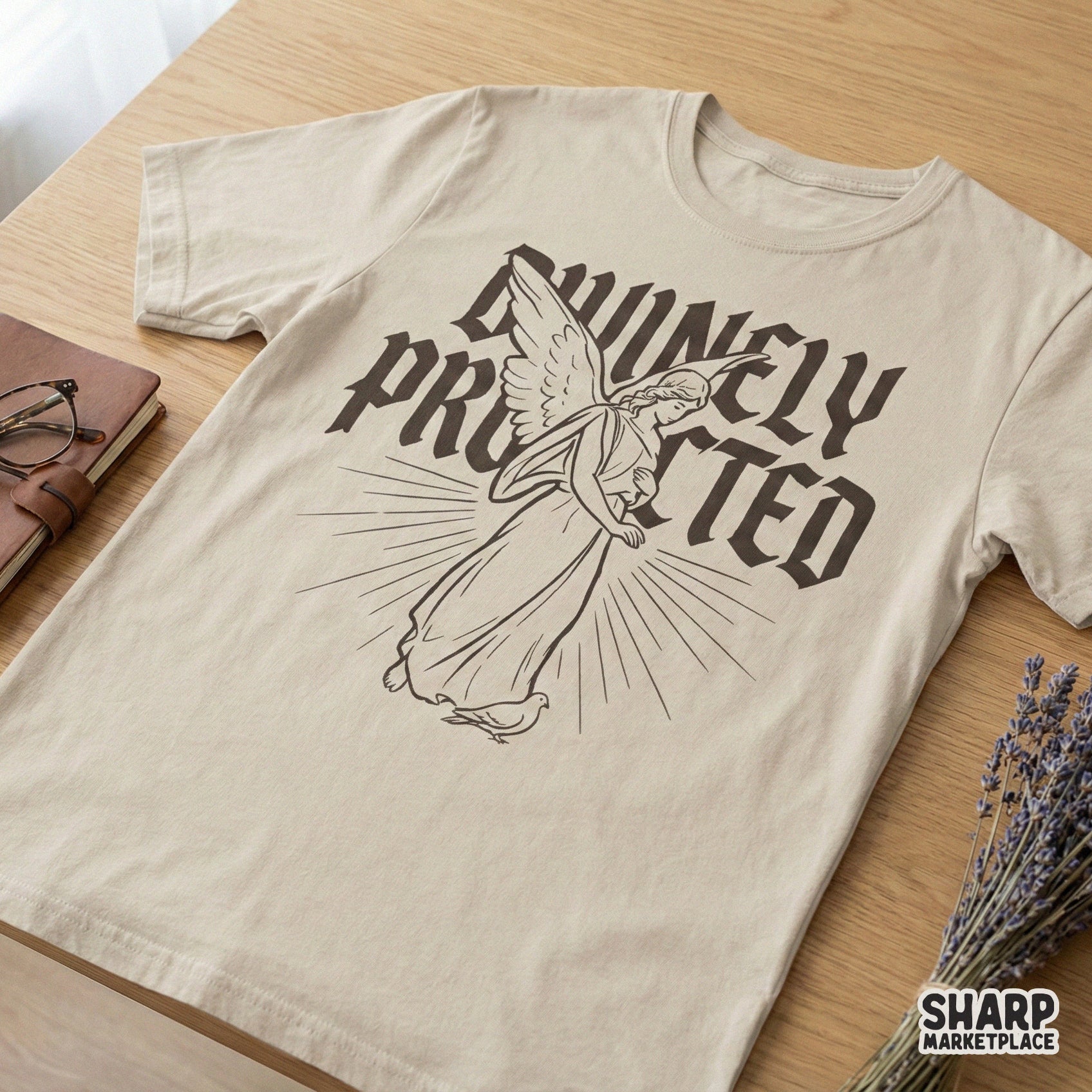 Divinely Protected PNG, Angel Line Art Shirt Design - 300 DPI Design for