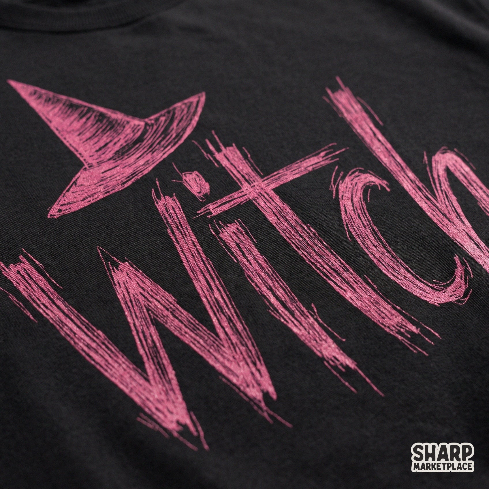 Retro pink witch hat sublimation design with sketchy grunge lettering for spooky season Halloween t-shirts and crafts