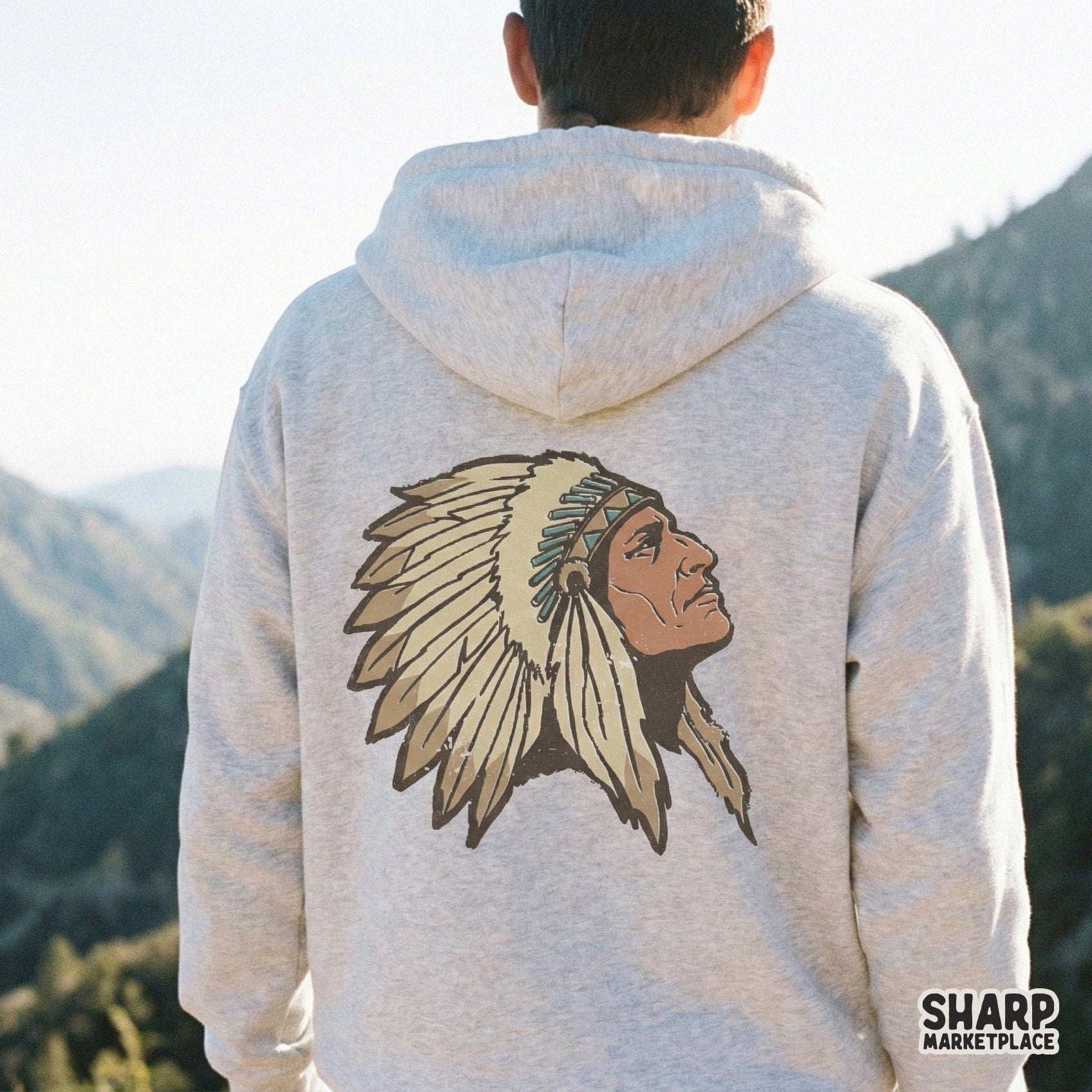 High-resolution digital PNG of a tribal chief looking upward, featuring a weathered, hand-drawn aesthetic perfect for sublimation and apparel.