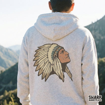 High-resolution digital PNG of a tribal chief looking upward, featuring a weathered, hand-drawn aesthetic perfect for sublimation and apparel.
