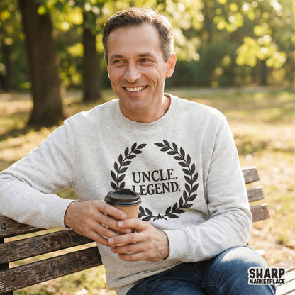 Monochromatic Uncle Legend design featuring a vintage laurel wreath and serif font, optimized for high-quality DTG printing, stickers, and wall art.