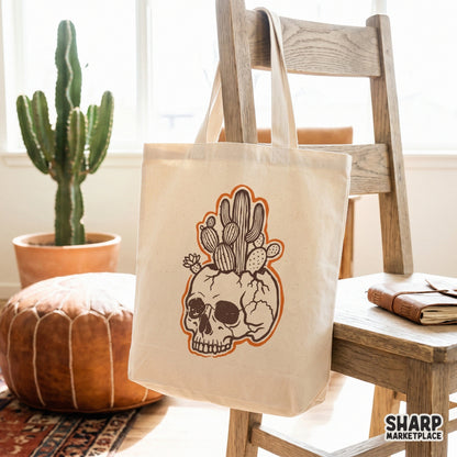 Detailed skull planter illustration with desert flora and a die-cut orange border, ideal for digital printing on apparel, tumblers, and stickers.