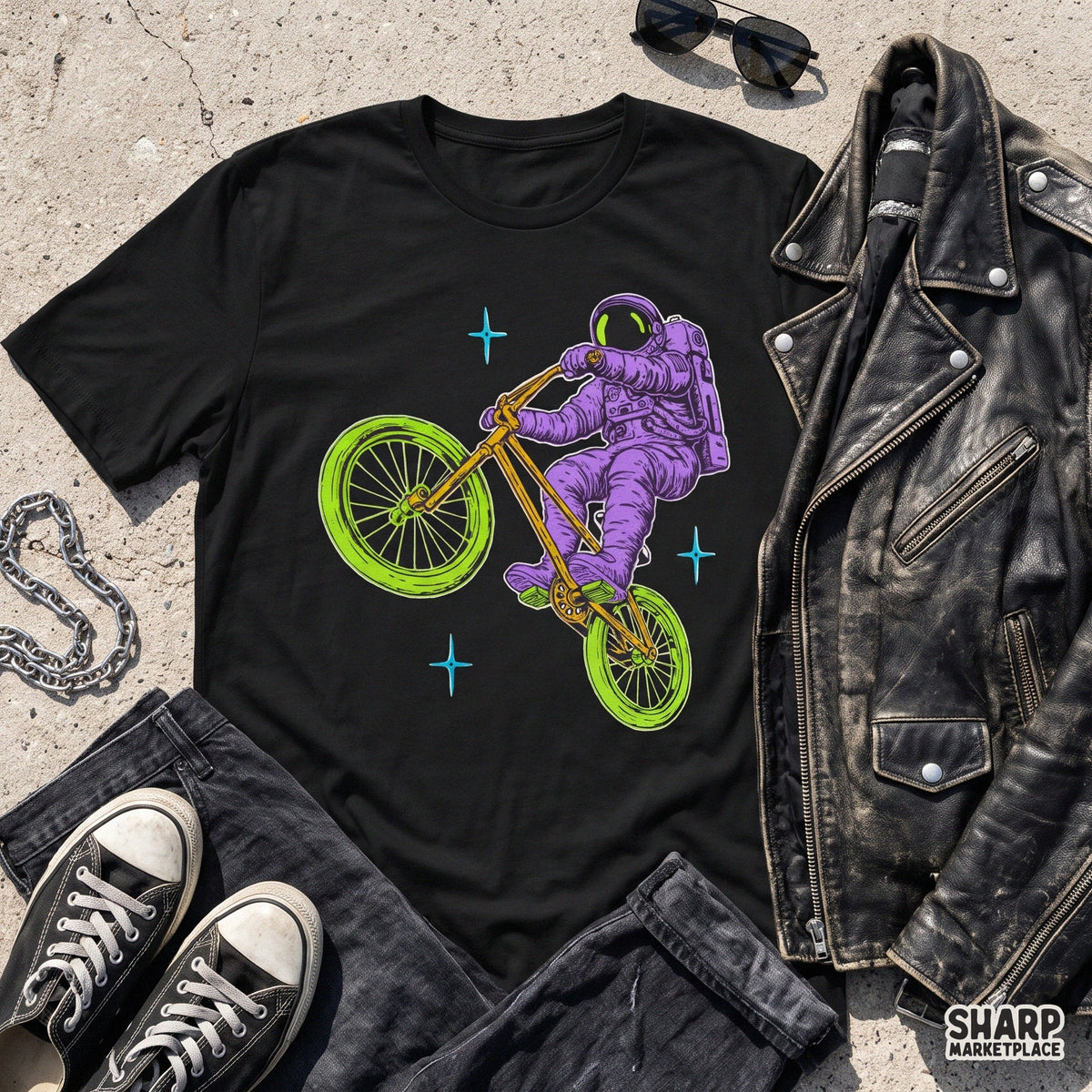 Retro neon astronaut riding a chopper bicycle in space, cosmic streetwear sublimation PNG shirt design