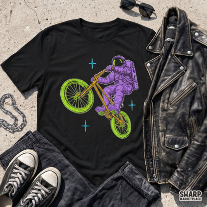Retro neon astronaut riding a chopper bicycle in space, cosmic streetwear sublimation PNG shirt design