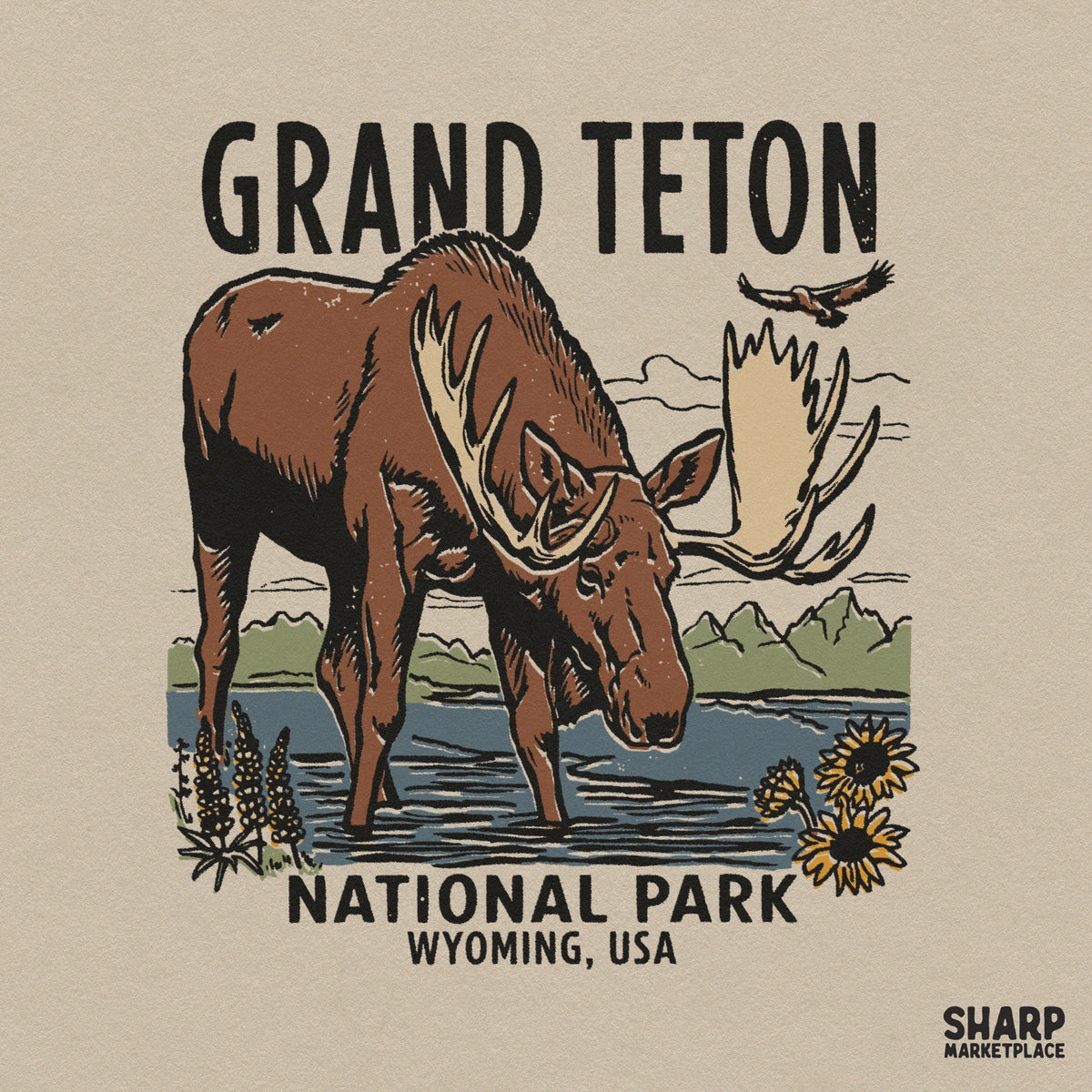 Vintage Grand Teton National Park moose graphic design in western style for t-shirt sublimation and printing