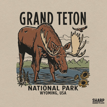 Vintage Grand Teton National Park moose graphic design in western style for t-shirt sublimation and printing