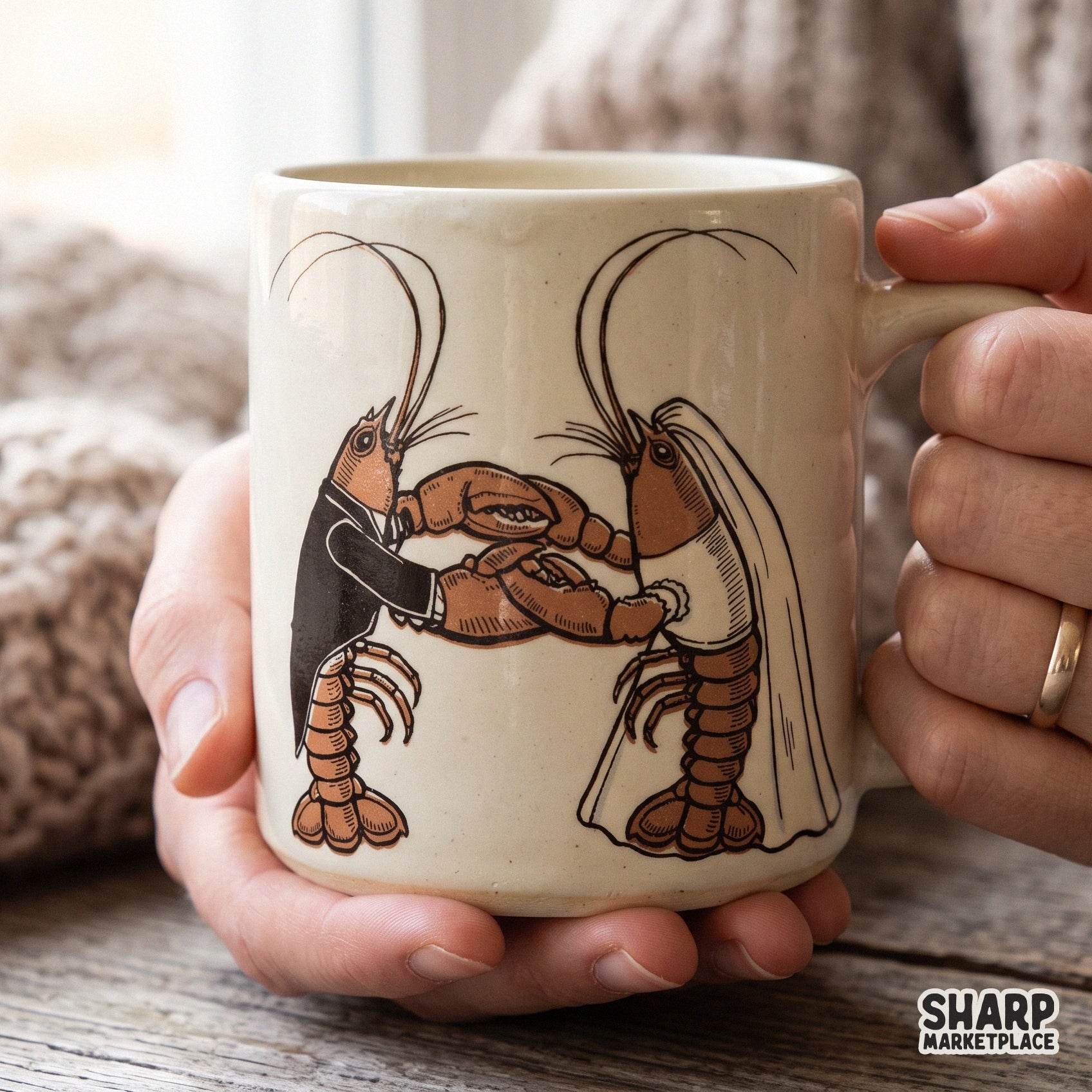 Quirky lobster couple wedding illustration in a retro style for Valentine's Day sublimation designs