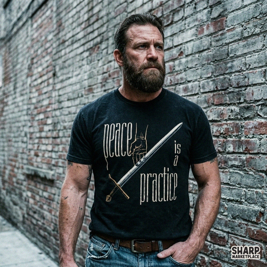 Mystical line art of hand holding sword with Peace Is A Practice text for Christian PNG shirt graphic