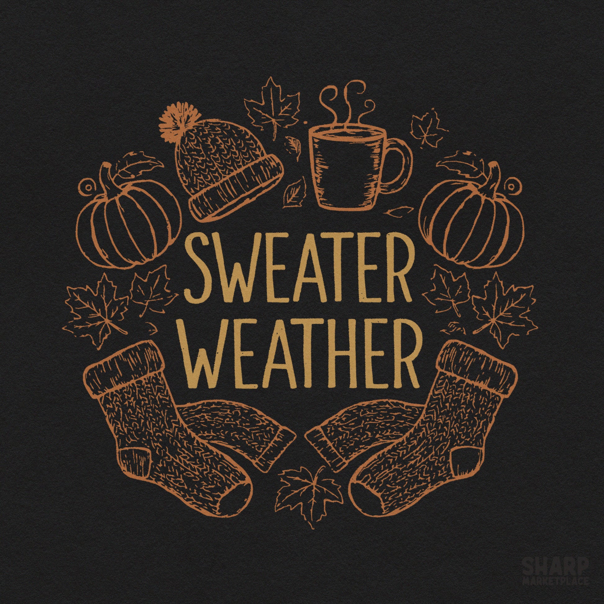 Retro sweater weather fall png with a cozy season pumpkin circular design for autumn coffee mug sublimation