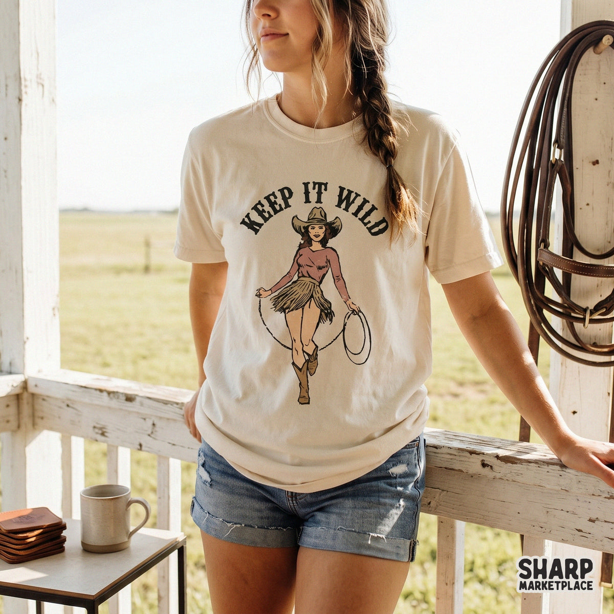 Trendy western apparel design showing a cowgirl with a lasso and the phrase Keep It Wild, perfect for custom t-shirt sublimation or DTF printing.