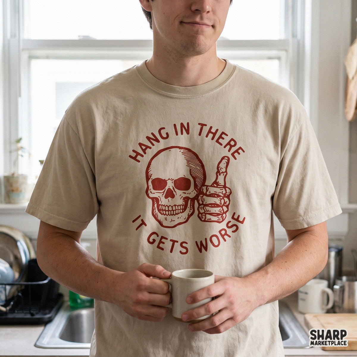 Funny retro skull PNG design with Hang In There It Gets Worse quote for spooky season t-shirts