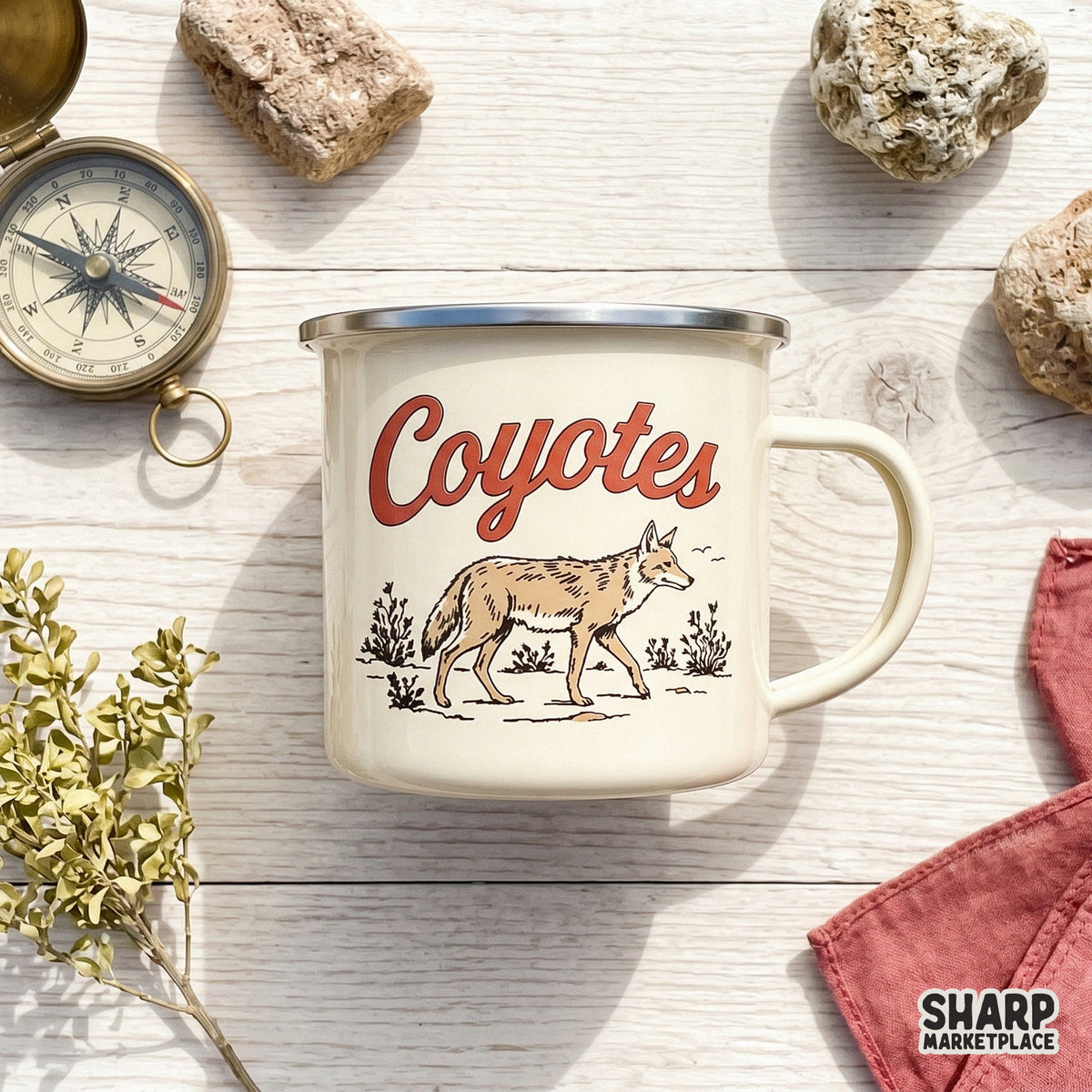 Rustic desert wildlife design with a coyote sketch and retro orange font, suitable for creating custom tumblers or wall art prints.